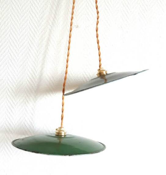Pair of industrial enameled sheet metal pendant lights