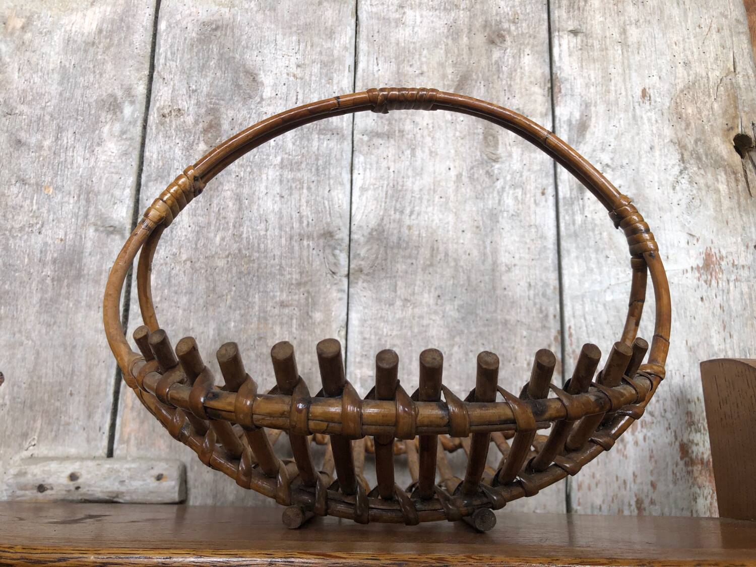 Old rattan picking basket vintage wood garden