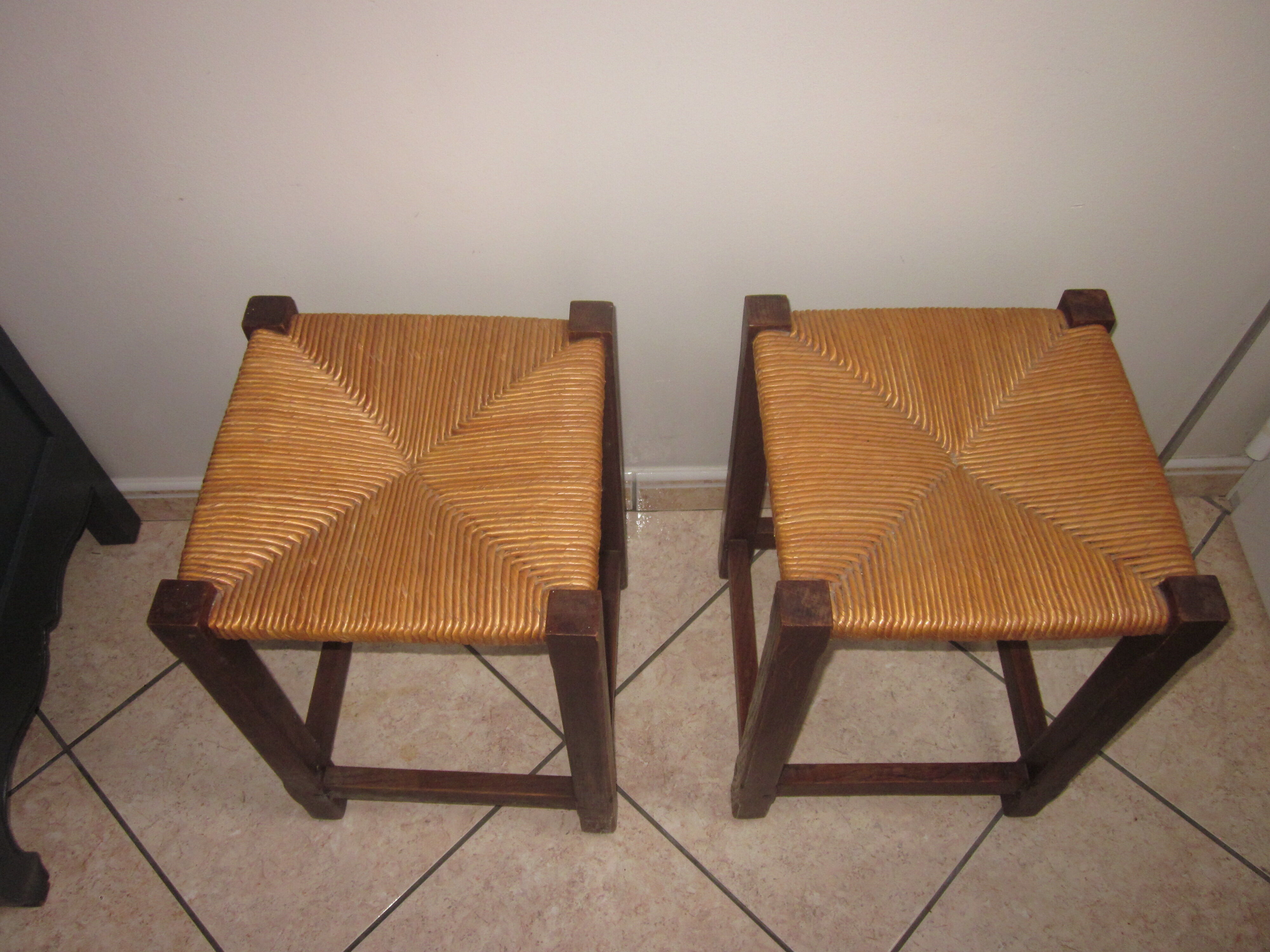 Pair of wooden and straw stools