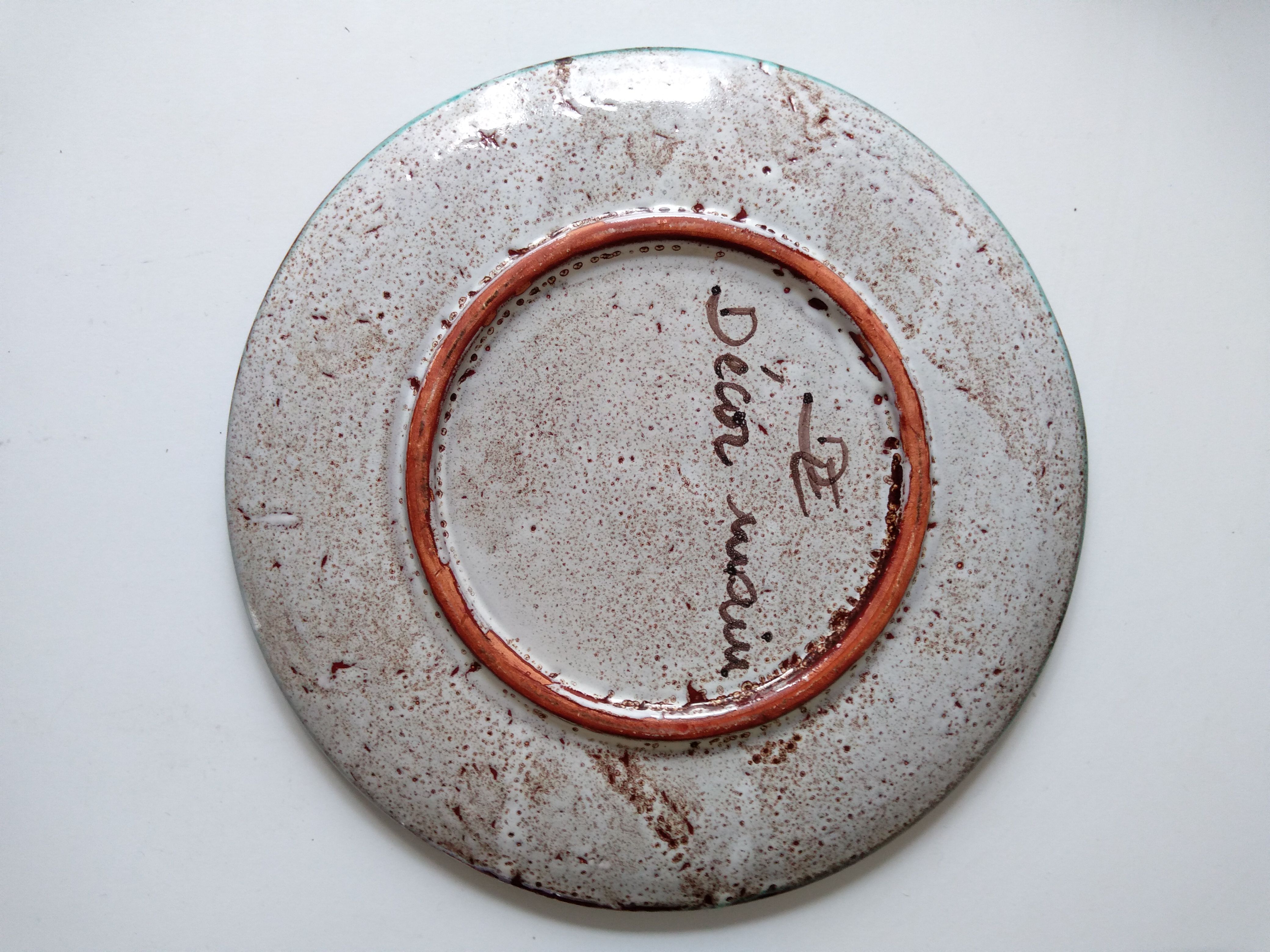 Set of 6 handmade Vallauris ceramic plates beige gray and turquoise blue with flower decoration