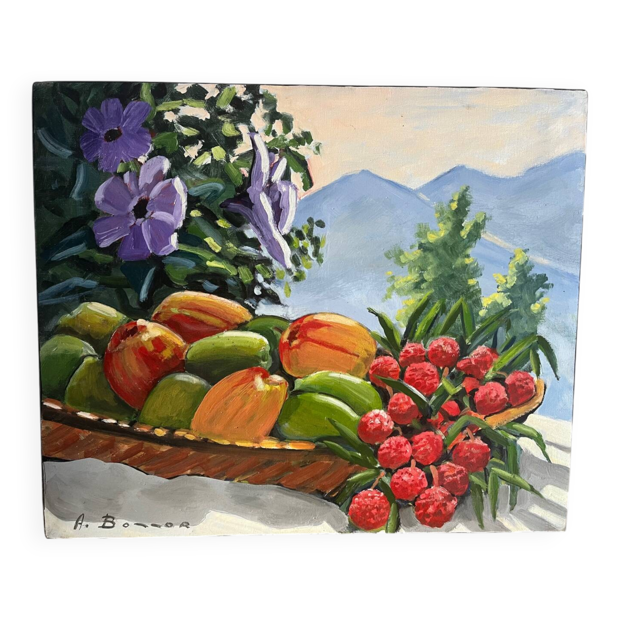 Panier de fruits exotiques, signé