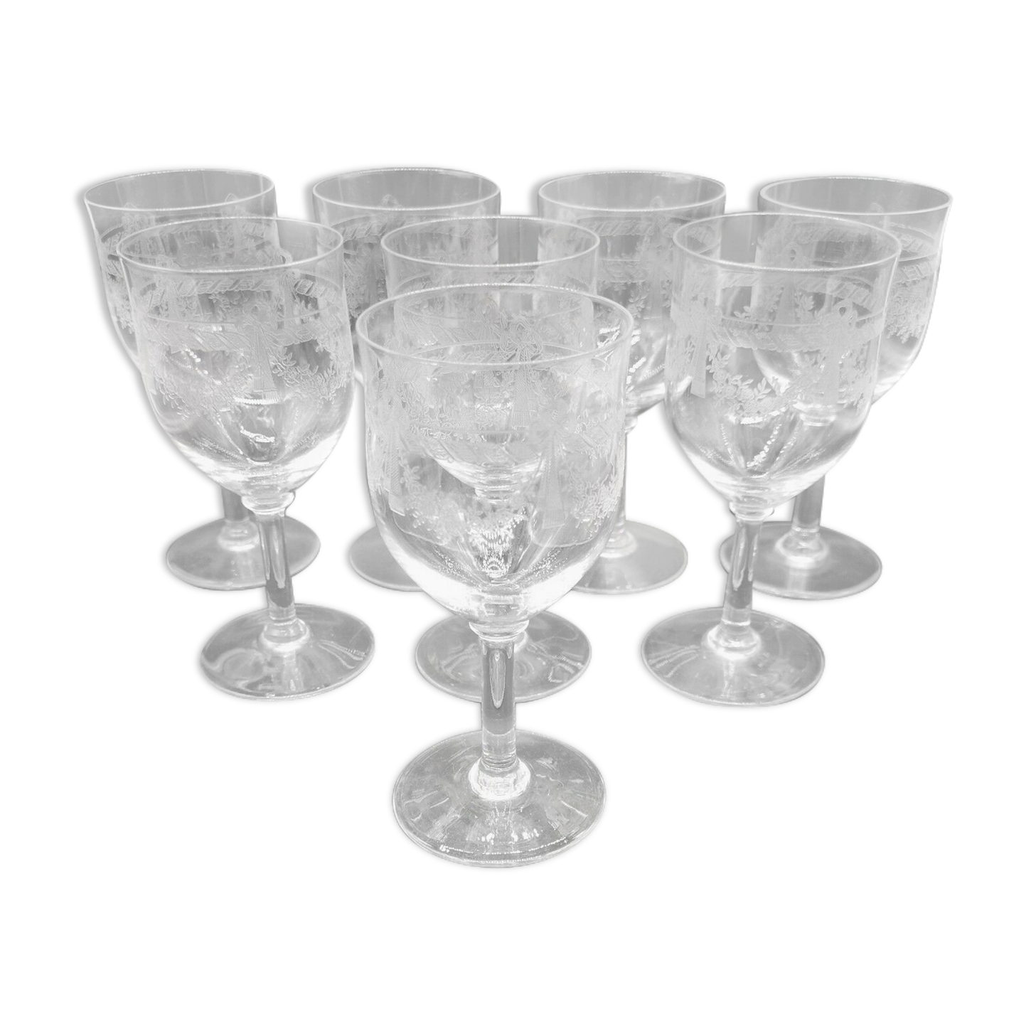 Series of 8 wine glasses engraved in crystal ribbon and flowers Saint Louis