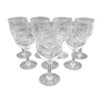 Series of 8 wine glasses engraved in crystal ribbon and flowers Saint Louis