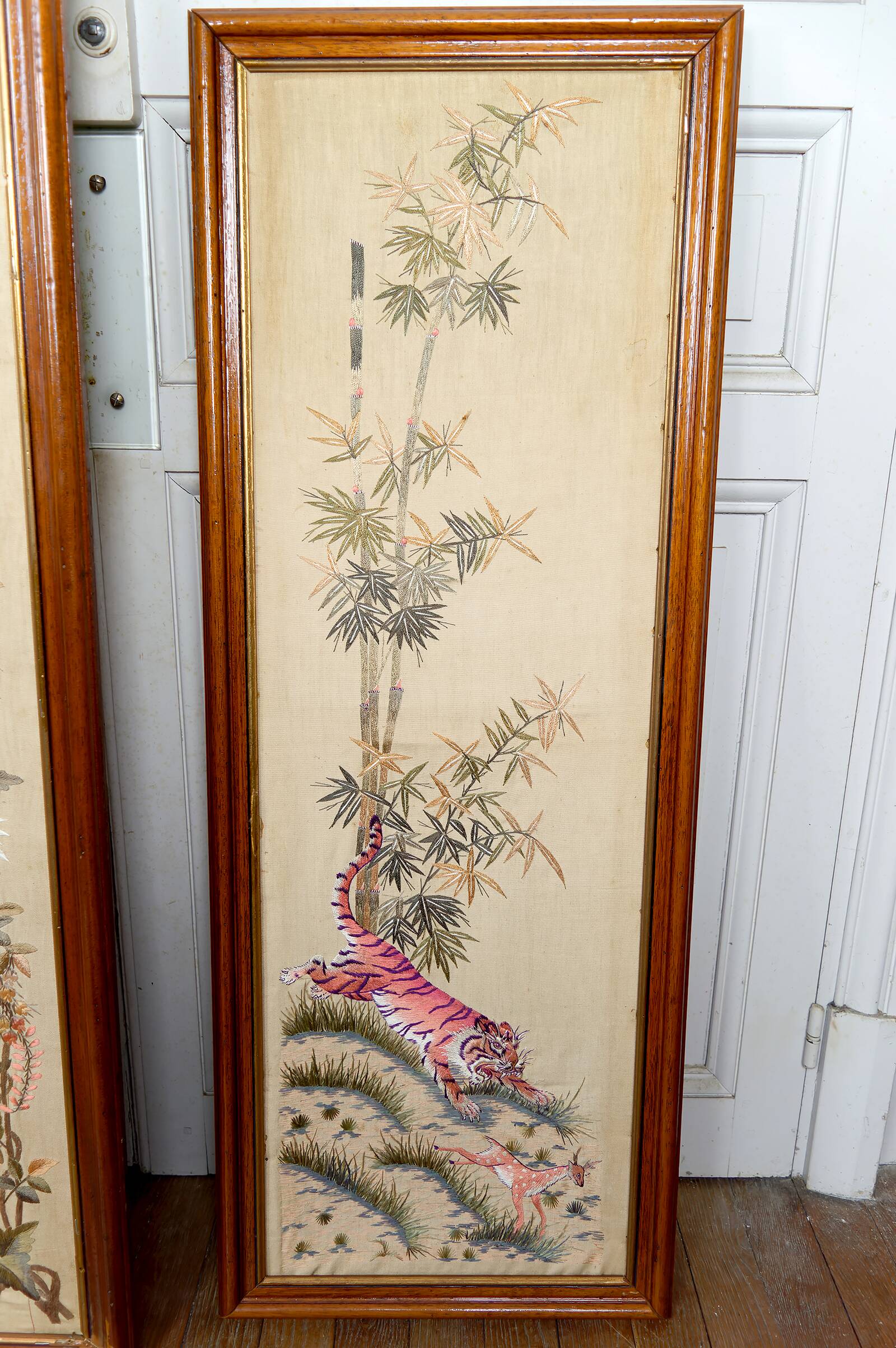 Important Set of Three Indochinese Silk Embroidered Tapestries