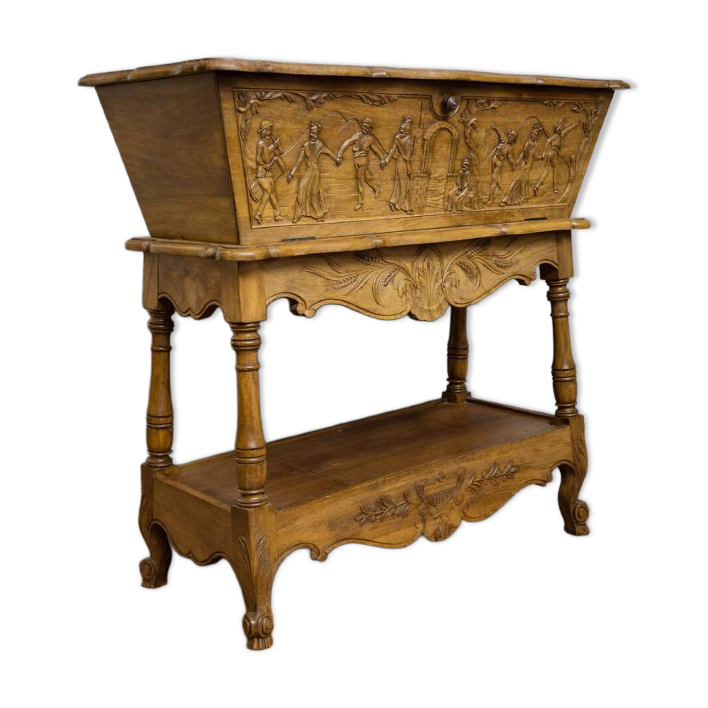 Bread trough / carved walnut – animated scene decoration – early 20th century