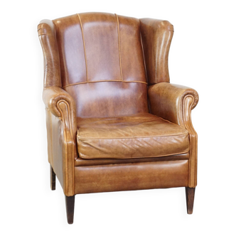 Fauteuil à oreilles de style anglais en cuir de vache