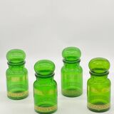 Series of 4 vintage green glass jars, Belgium,