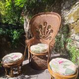 Fauteuil emmanuelle vintage et 2 poufs