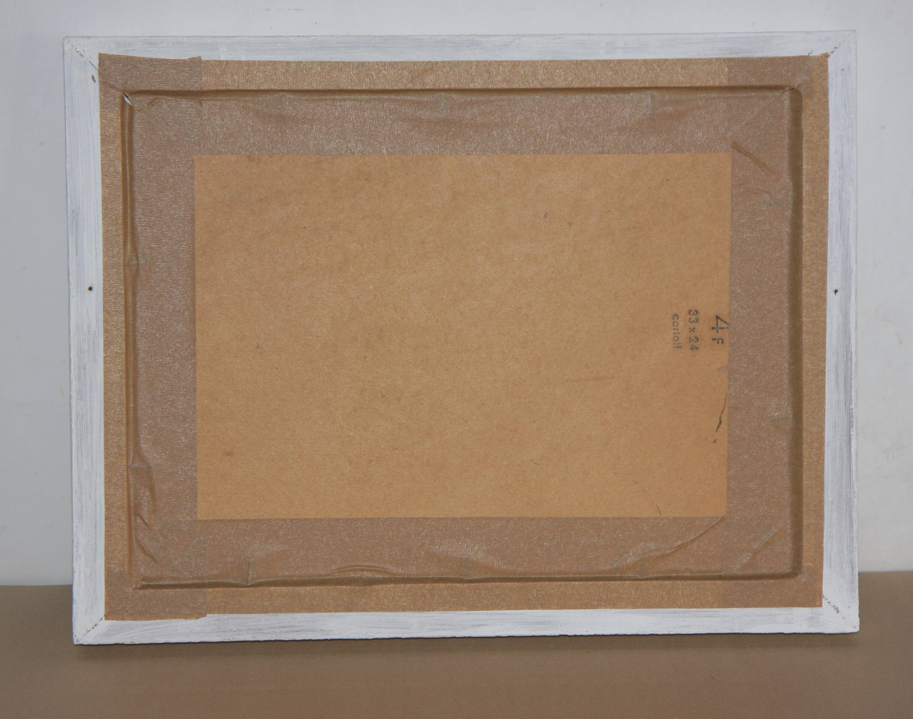 Naive painting, mountain landscape under the snow.