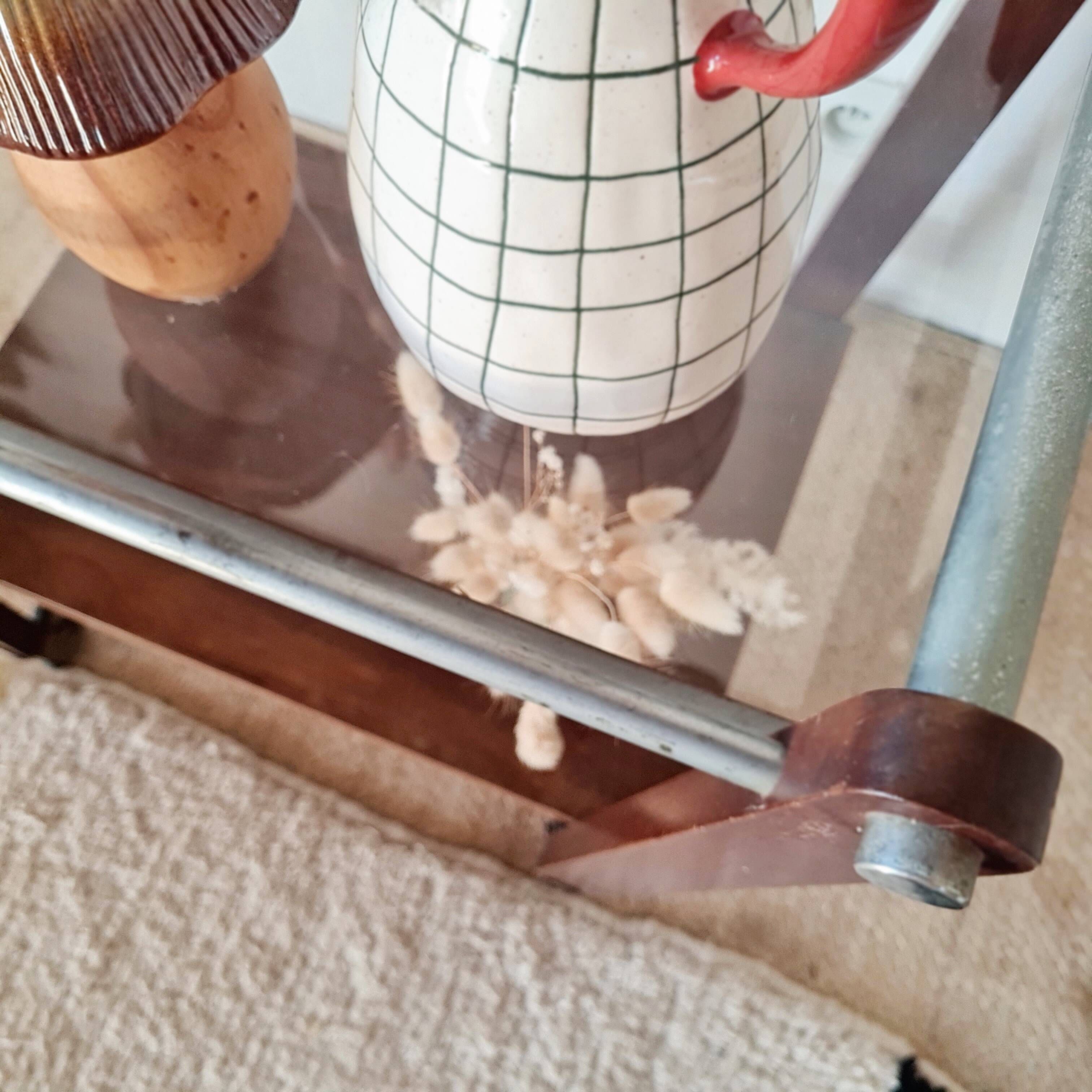 Vintage wooden and metal side table | Retro rolling cart