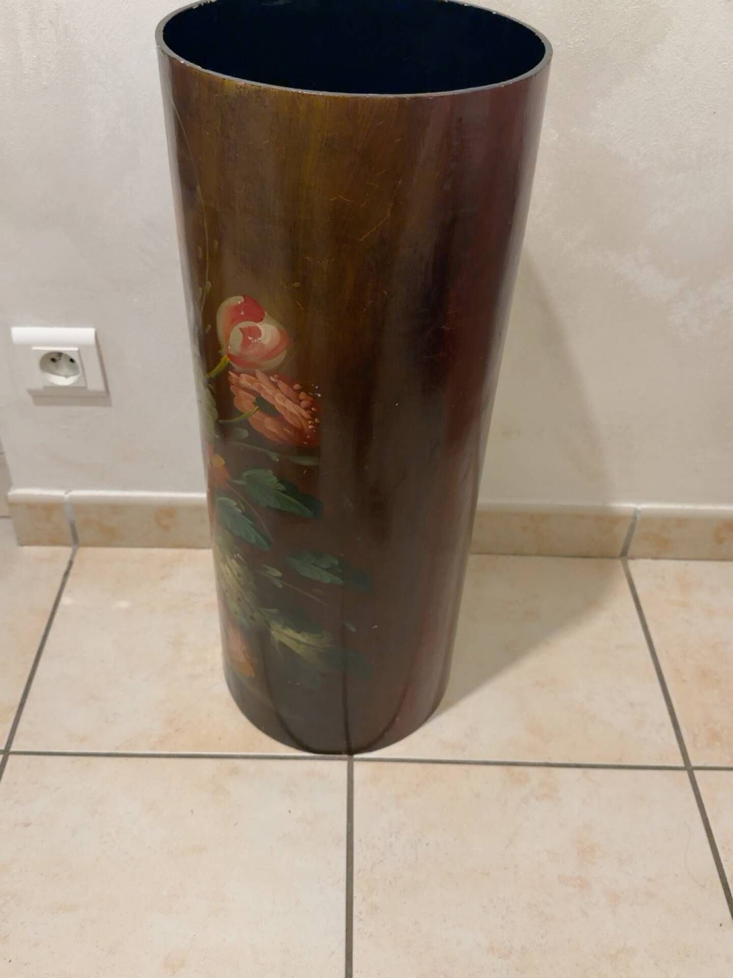 Antique wooden umbrella stand hand-painted – Floral decor