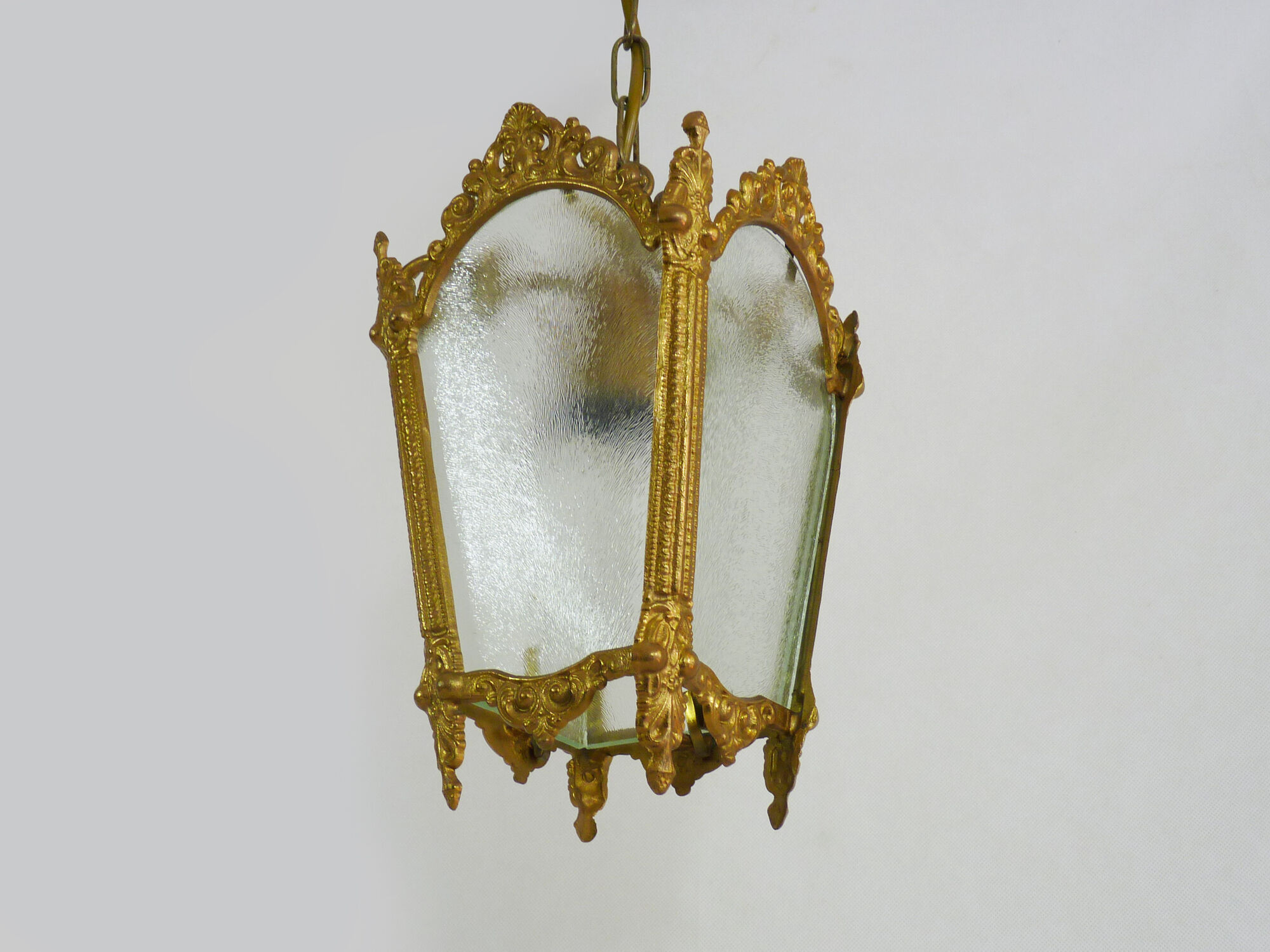 Old lantern with 4 faces in glass, chandelier in gilded bronze and glass, year 60