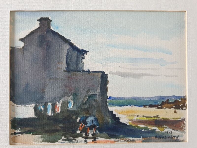 André Duculty (1912-1990) Watercolor on paper "Beachside, probably in Finistère" Signed