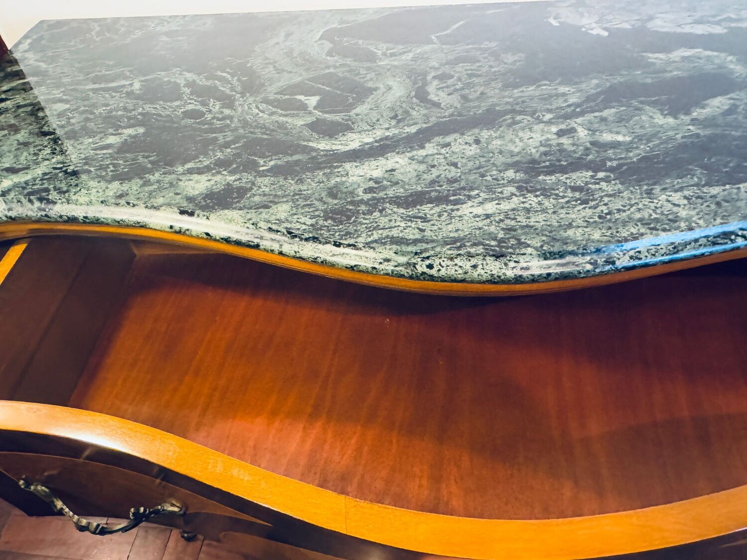 Exquisite Louis XV Style Bombé Commode with Musical Marquetry & Marble