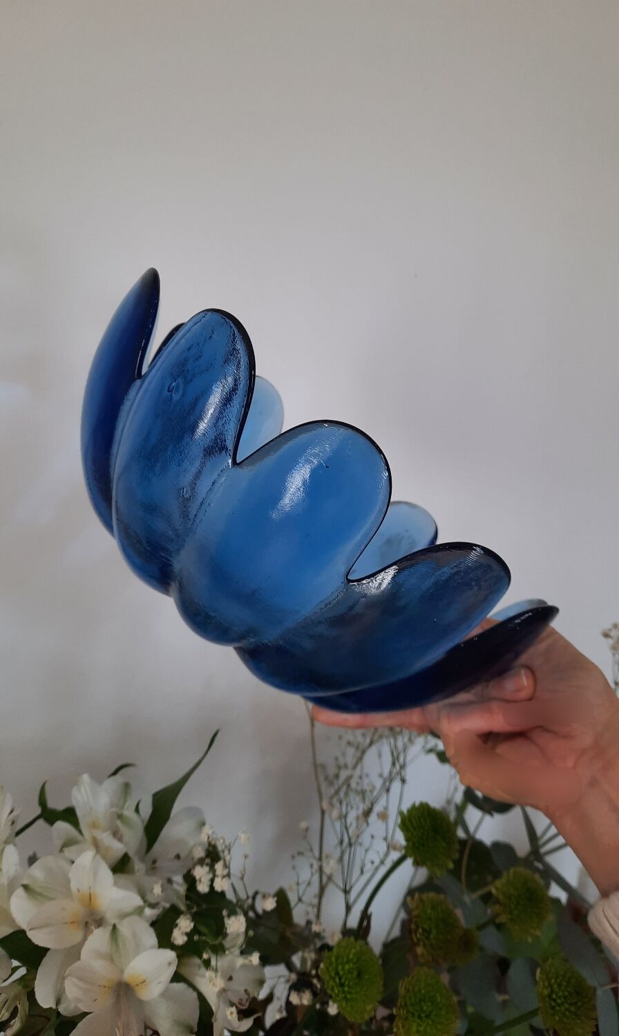 Salad bowl fruit cup vintage blue glass