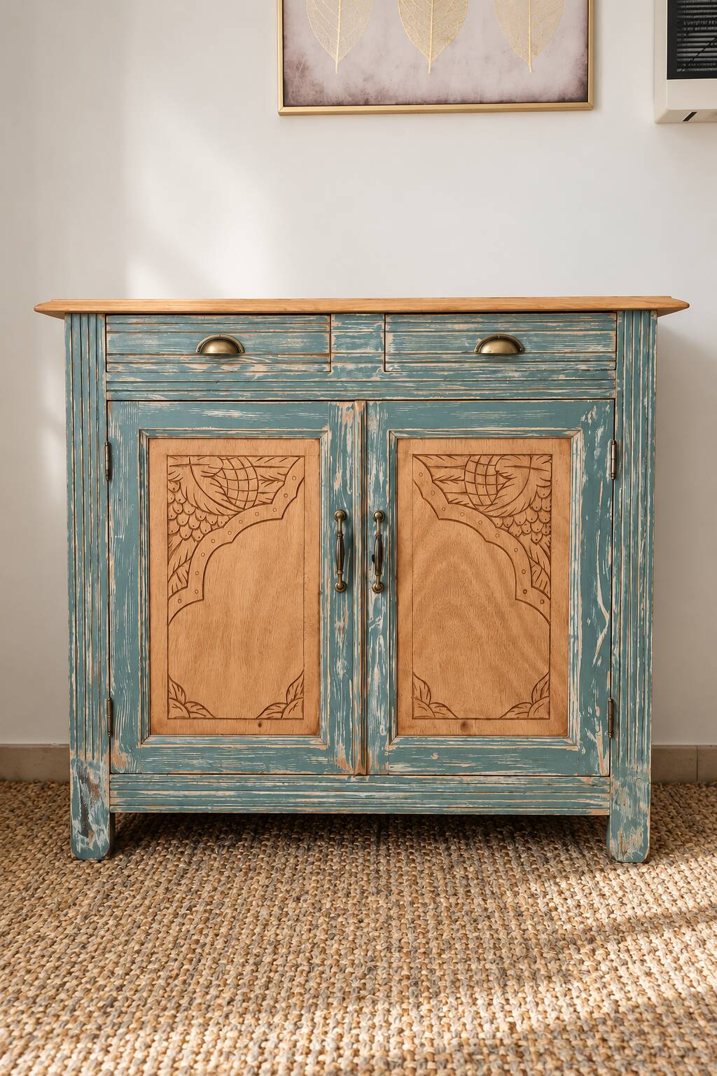 Antique blue-green patinated wooden sideboard – 2 doors, 2 drawers