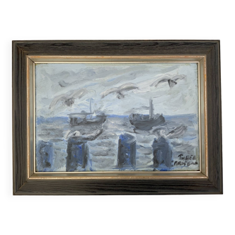 Modernism Mid-20th Century Scandinavian Seascape Oil Painting