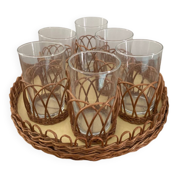 Plateau avec 6 verres rotin