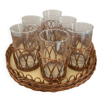 Tray with 6 rattan glasses