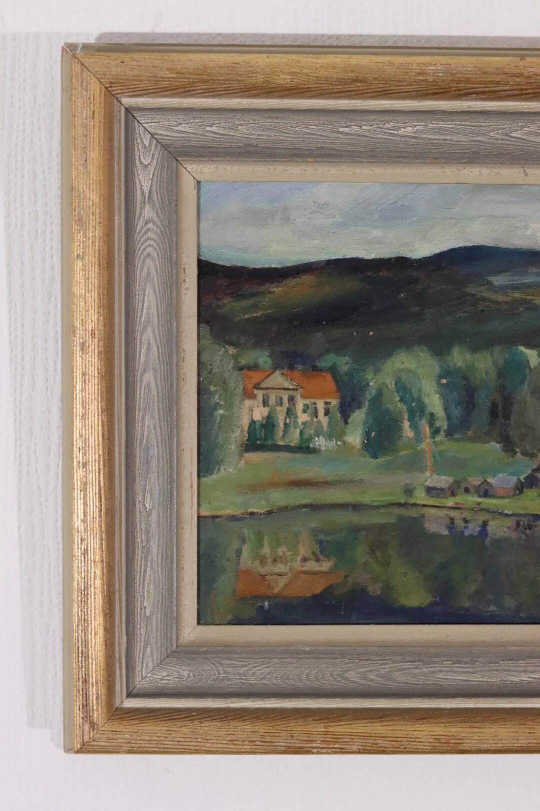 Original Swedish Oil on Panel – “Rural Village” by Astrid J – Vintage