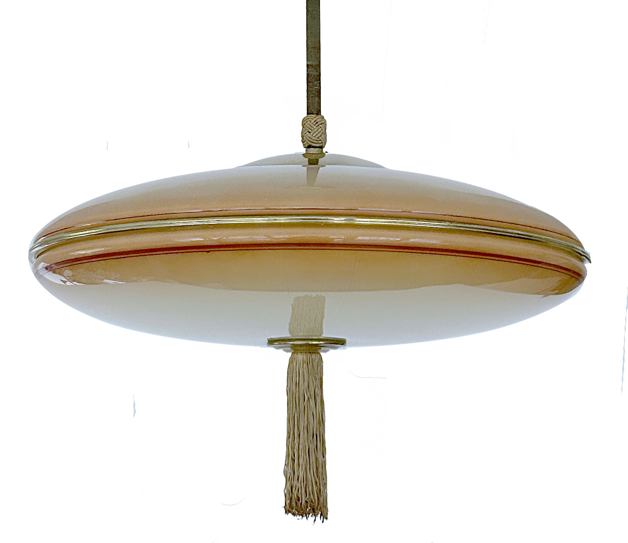 Vintage art deco pendant lamp, gradient glass, red beige, brass, 30 years