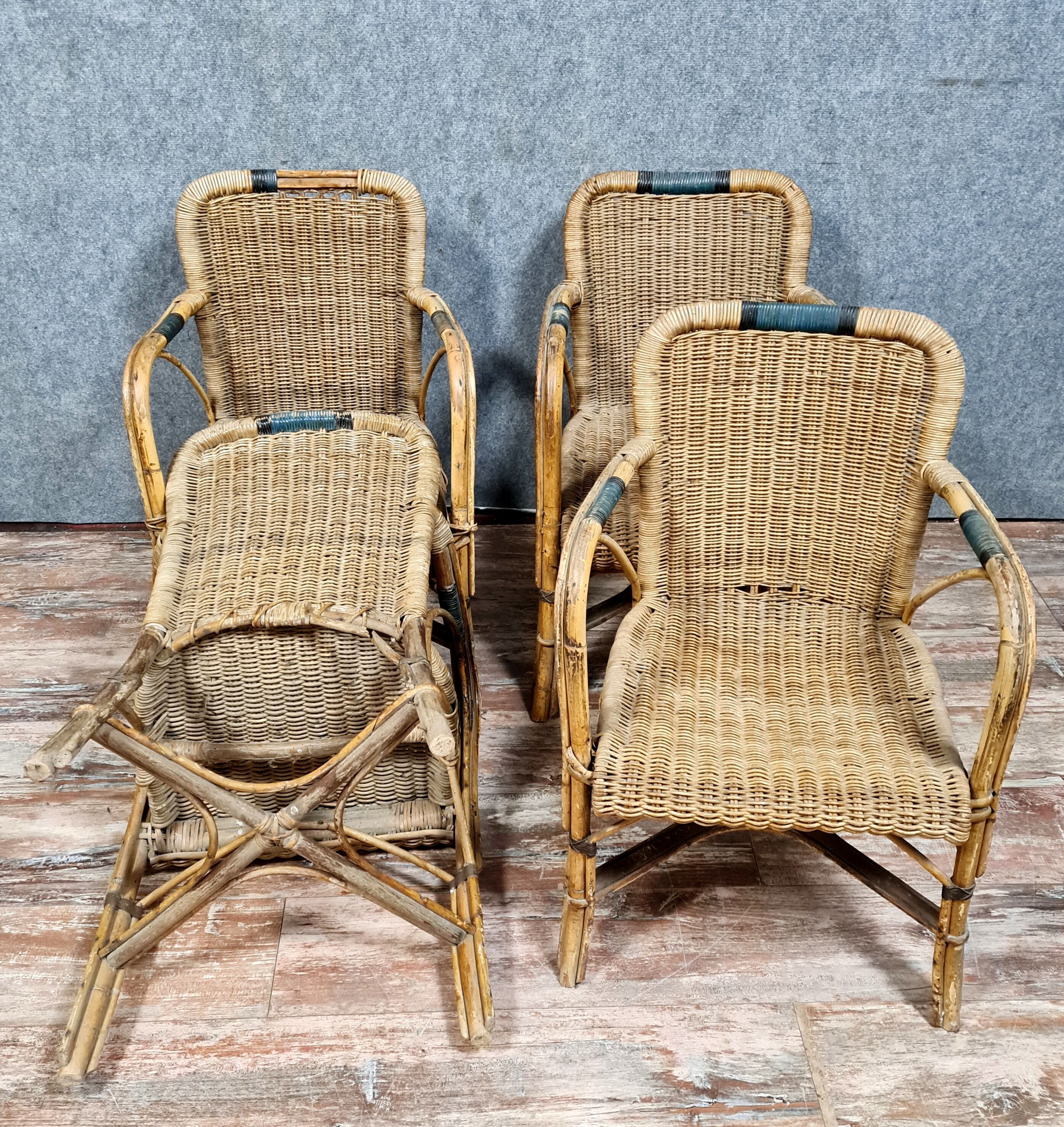 Series of 4 vintage armchairs in rattan and bamboo around 1970