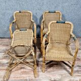 Series of 4 vintage armchairs in rattan and bamboo around 1970