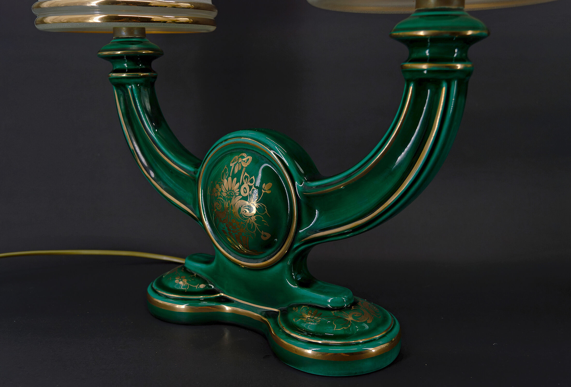 Pair of lamps in green and gold earthenware, circa 1940