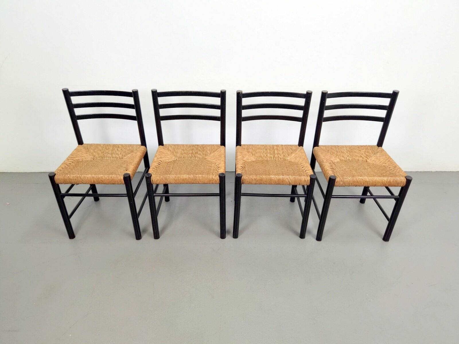 Mid-Century Dining Ladder Chairs with Rush Seats, 1960s, Set of 4