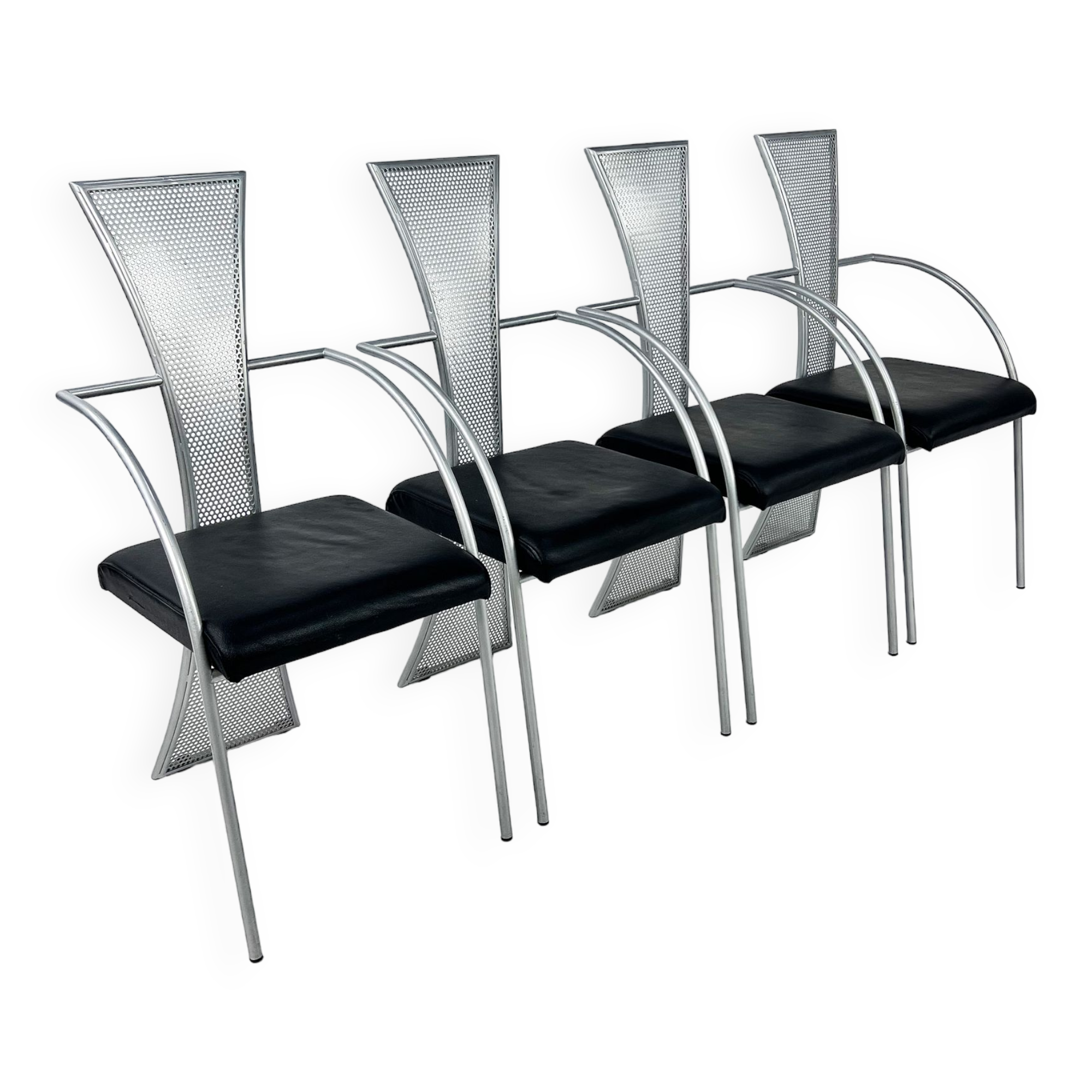4 chaises postmodernes en acier et cuir, années 1990