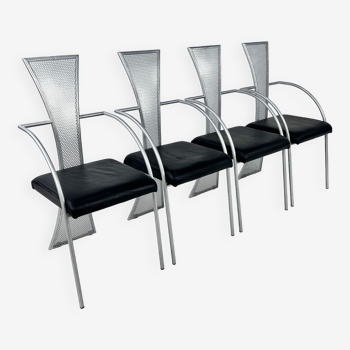 4 chaises postmodernes en acier et cuir, années 1990