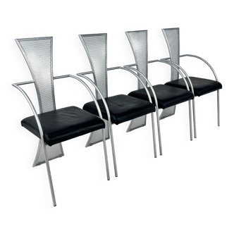 Set of 4 Postmodern Steel and Leather Chairs, 1990s