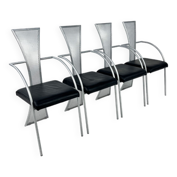 Set of 4 Postmodern Steel and Leather Chairs, 1990s