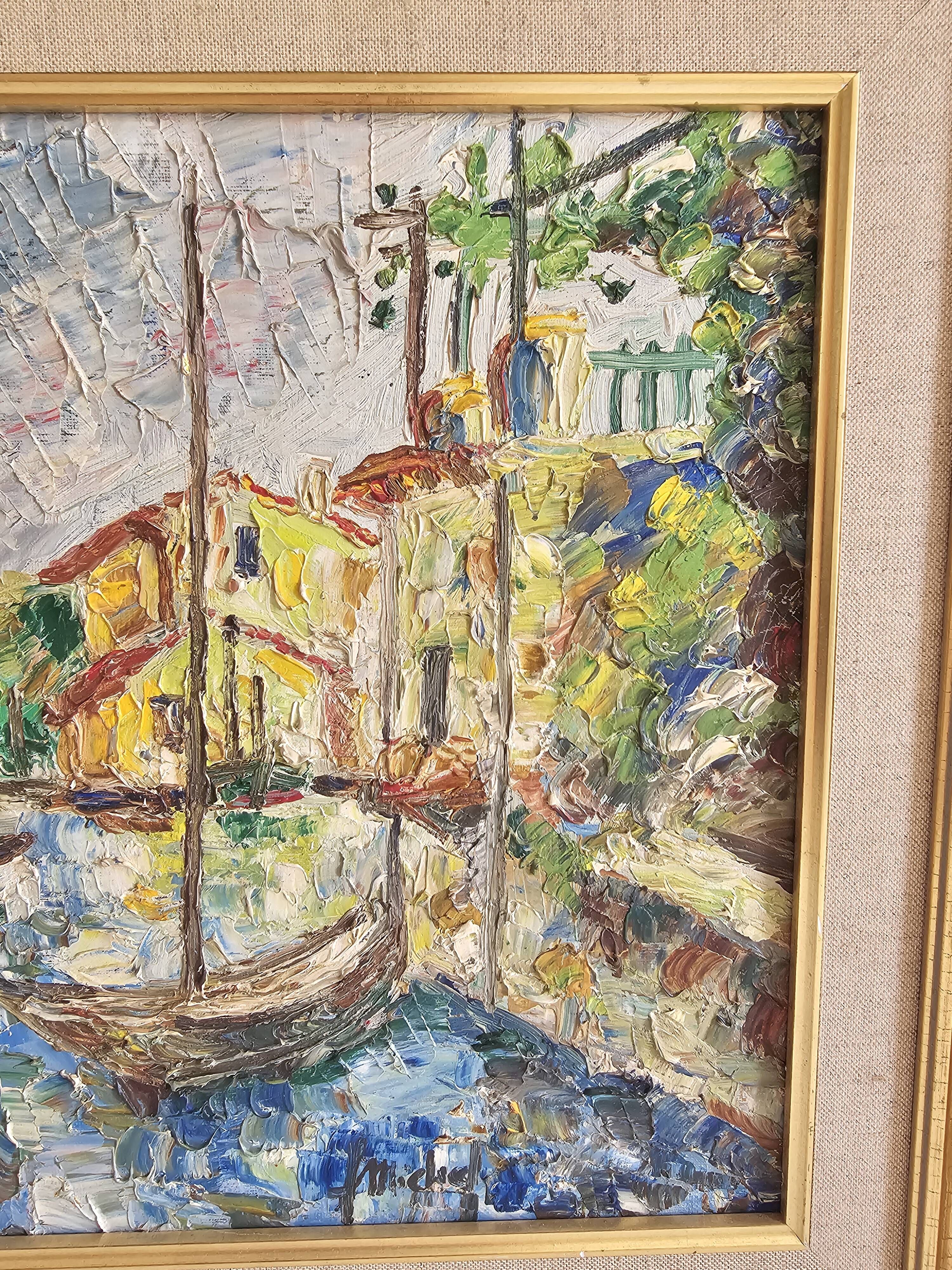 Oil painting on canvas Landscape - Port of Martigues signed Michel 1961