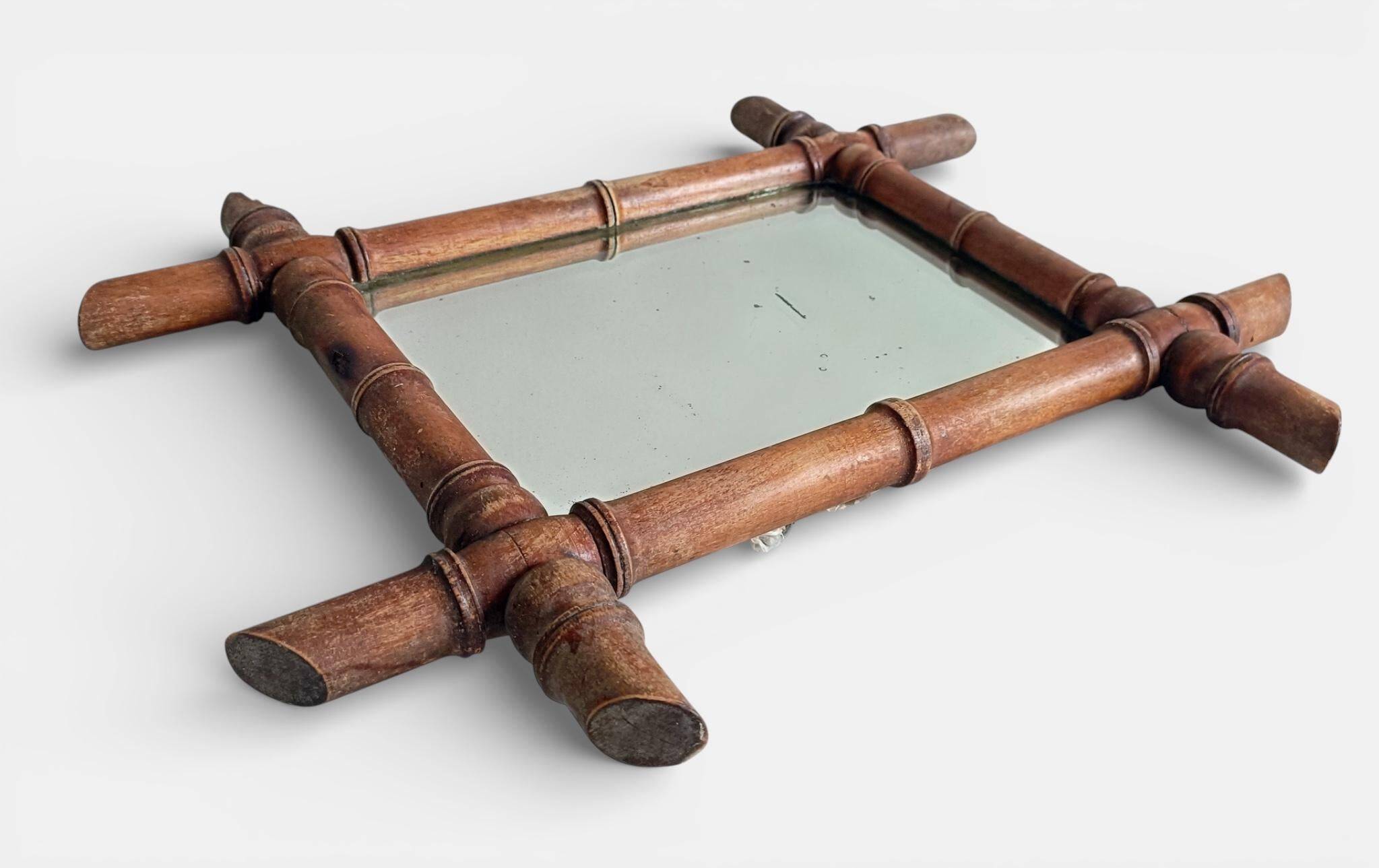 French Faux Bamboo Wall Mirror, Aged Patina, Circa 1900s