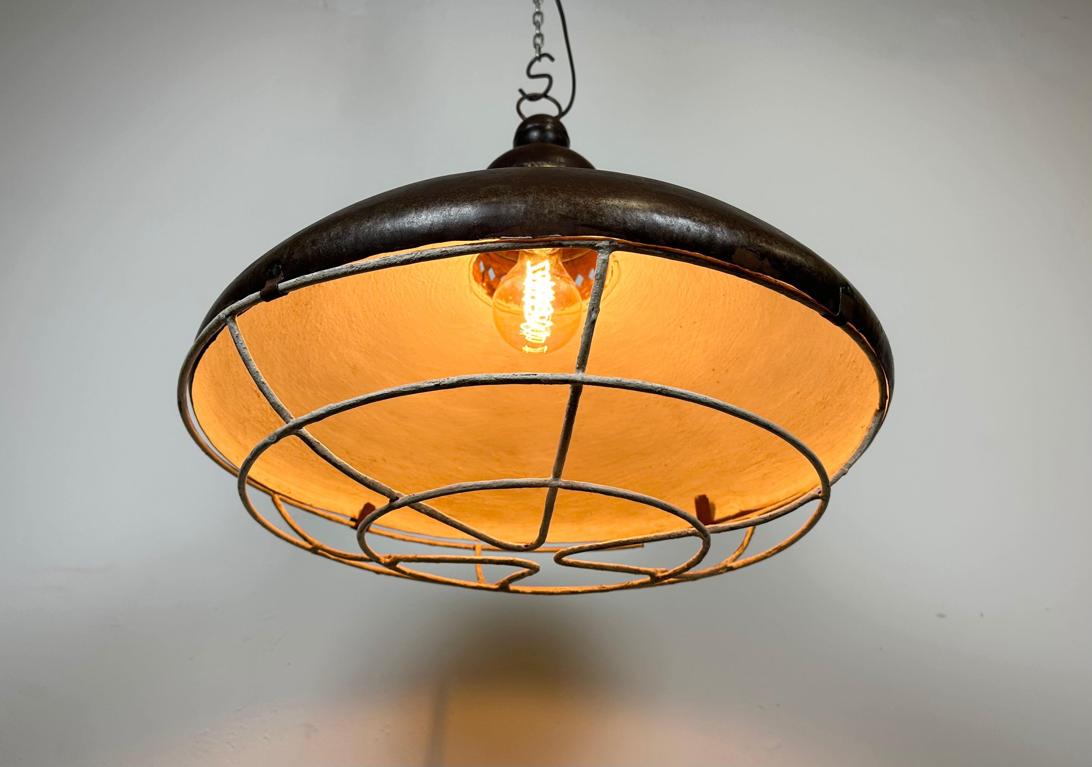 Large Brown Industrial Lamp with Iron Grid, 1960s
