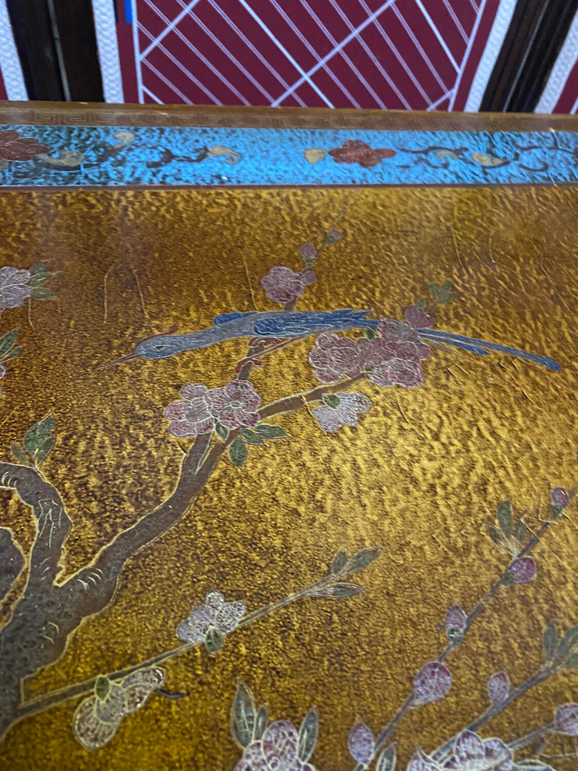 Chinese, Asian wooden coffee table nature peacock scene