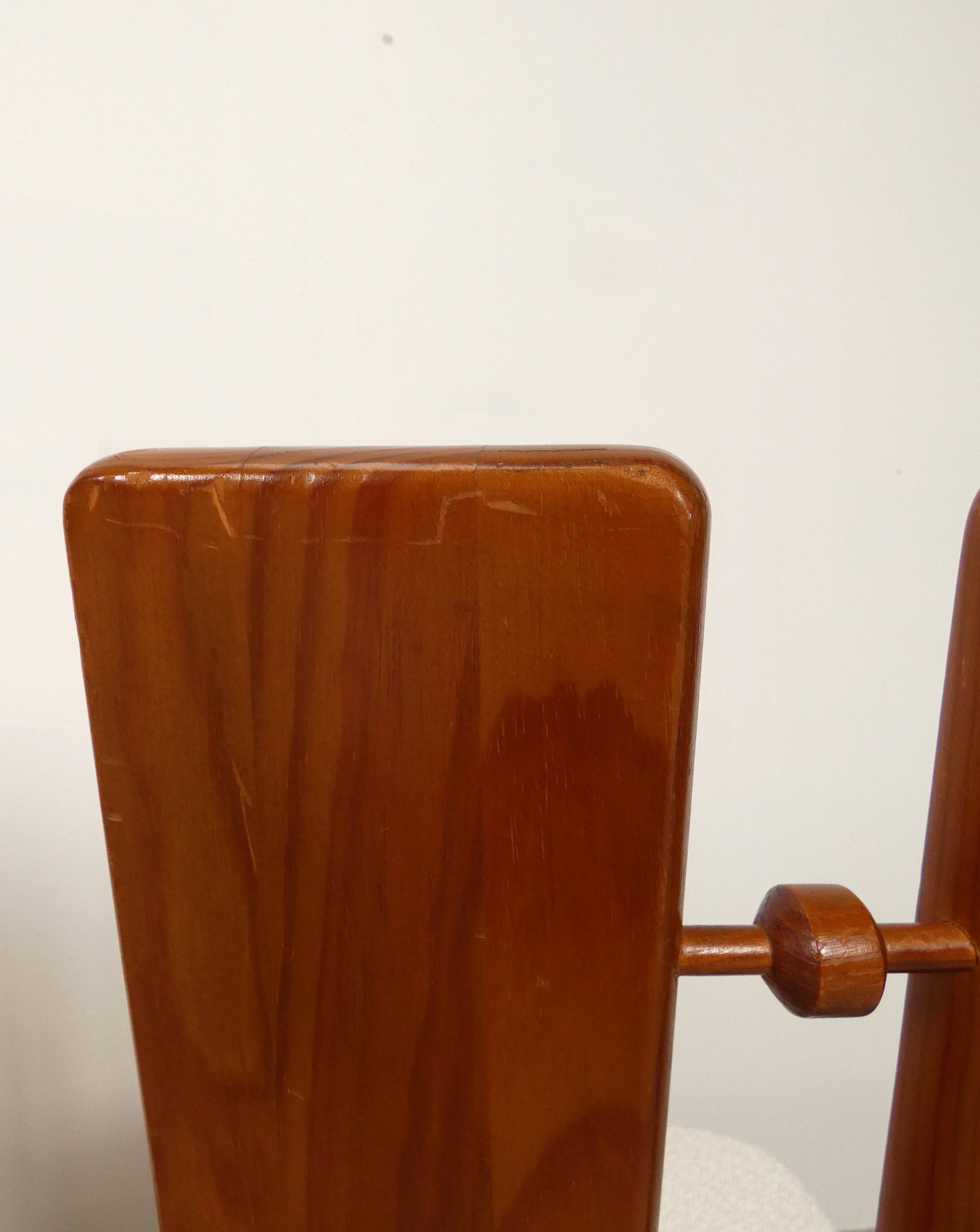 70's brutalist dining chairs in oak with bouclé fabric