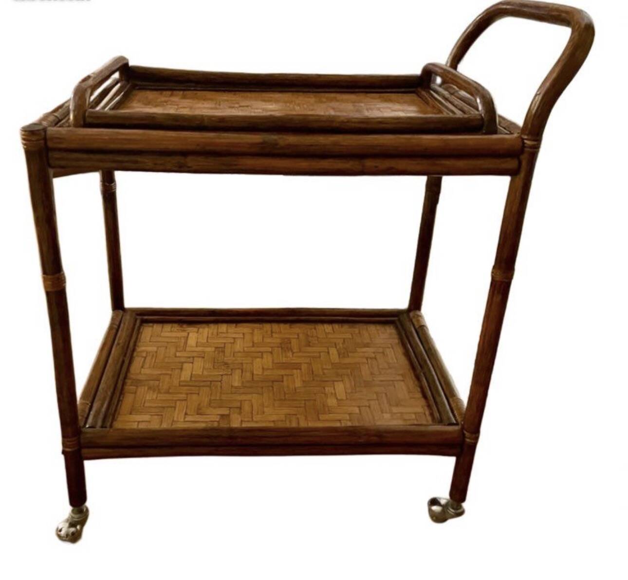 Vintage rolling dessert trolley in rattan and bamboo with removable tray from the 70s.