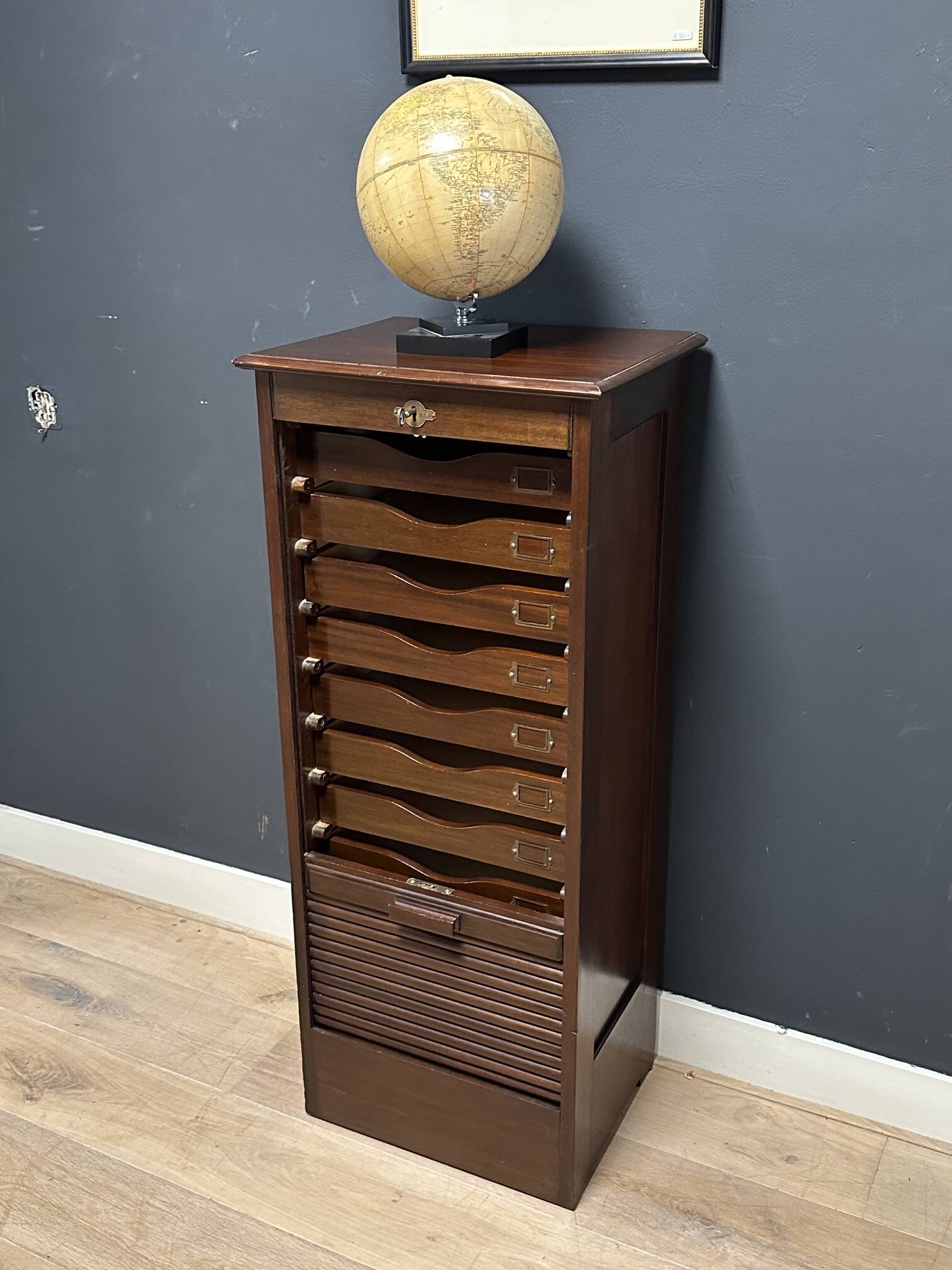 Antique mahogany roll-top filing cabinet with 10 drawers