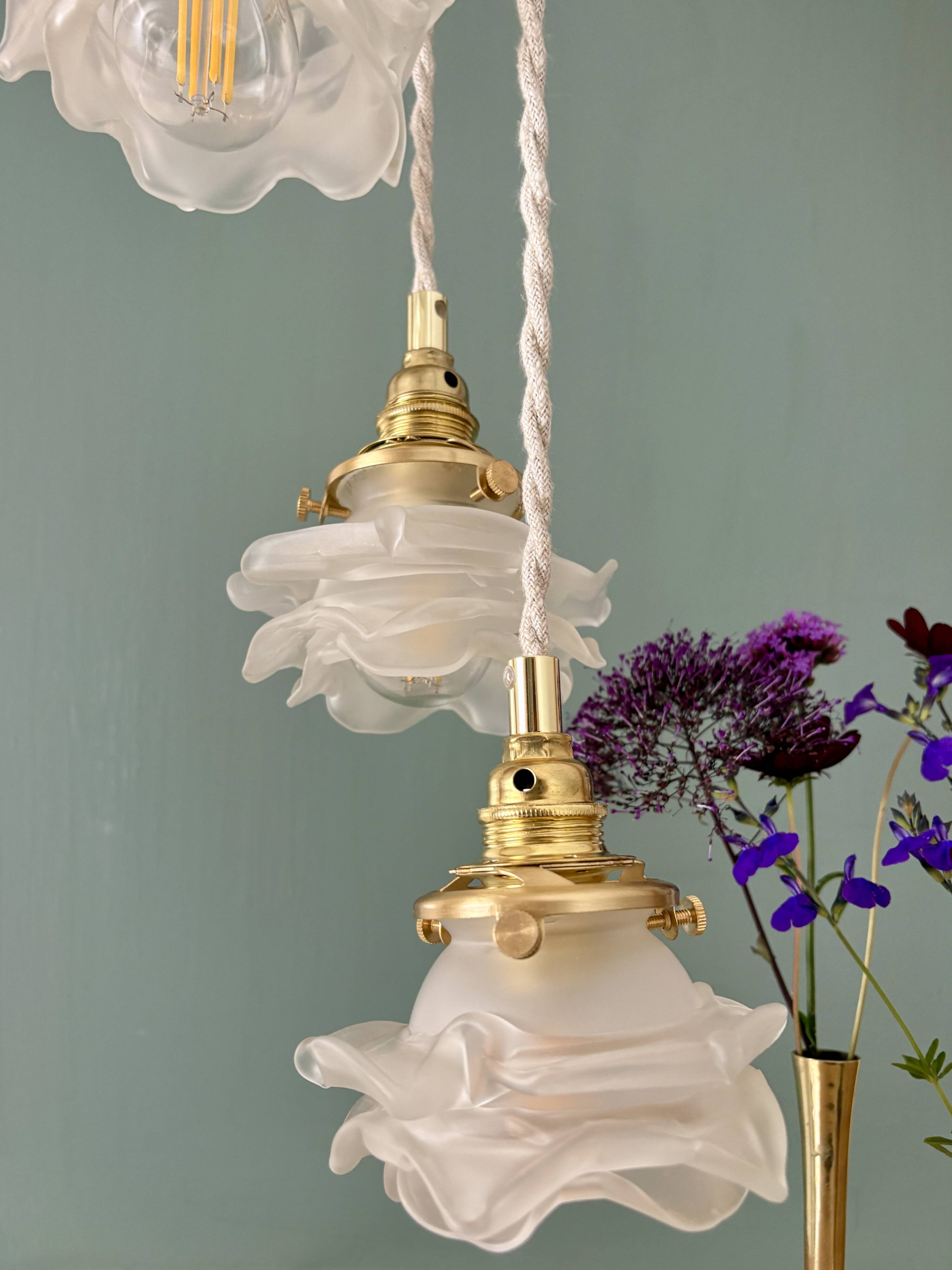 Vintage triple tulip pendant light in frosted glass in the shape of flowers