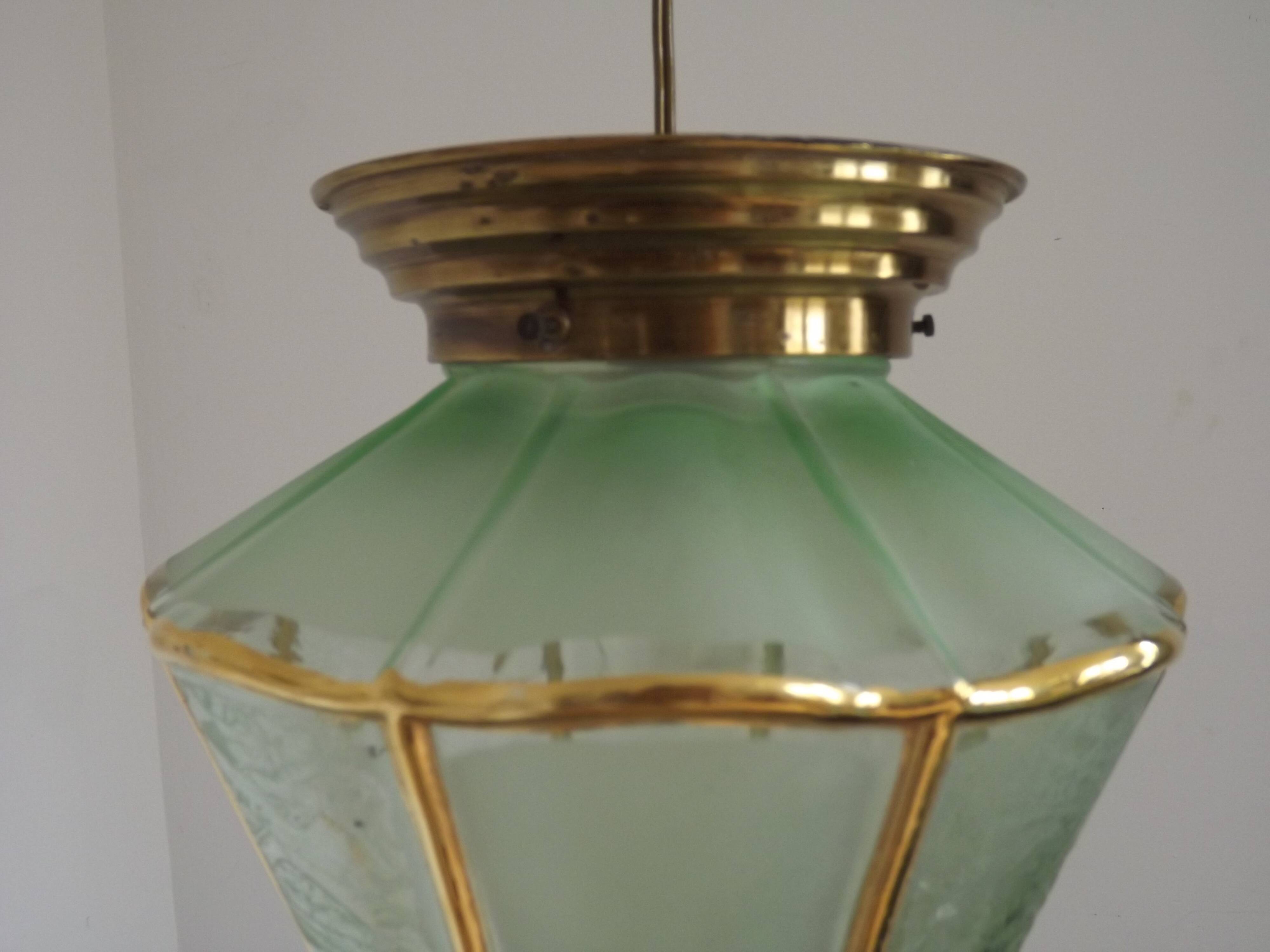 French Vintage Art Deco Glass Ceiling Light Green Frosted & Patterned Glass