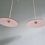 Pair of industrial pendant lights in olive green enameled sheet metal