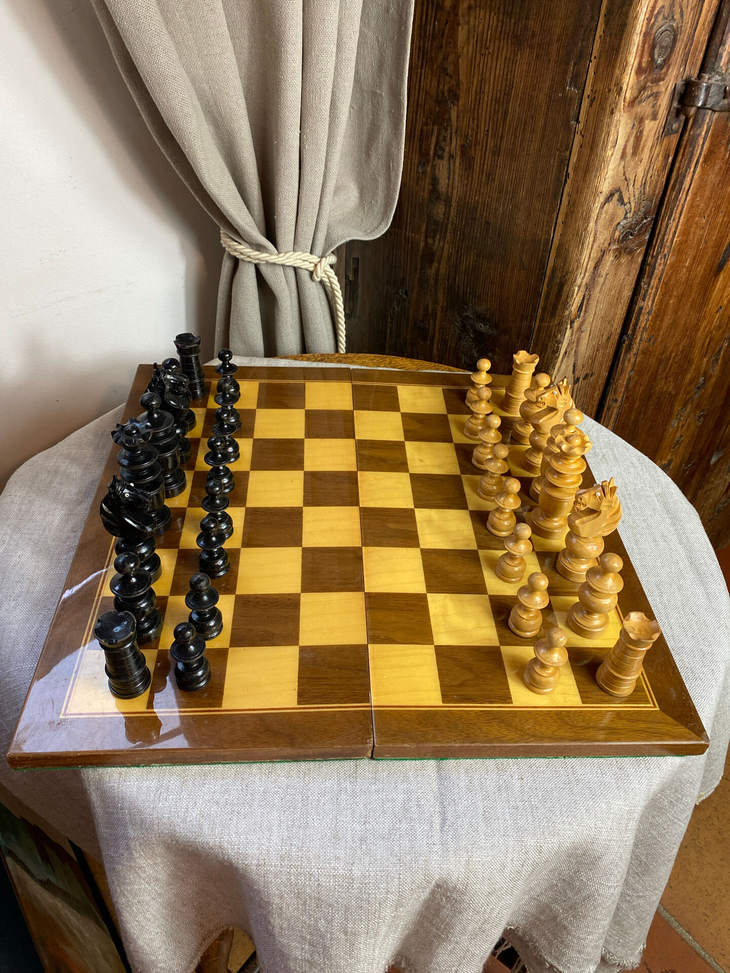 Chess set with wooden board and pieces
