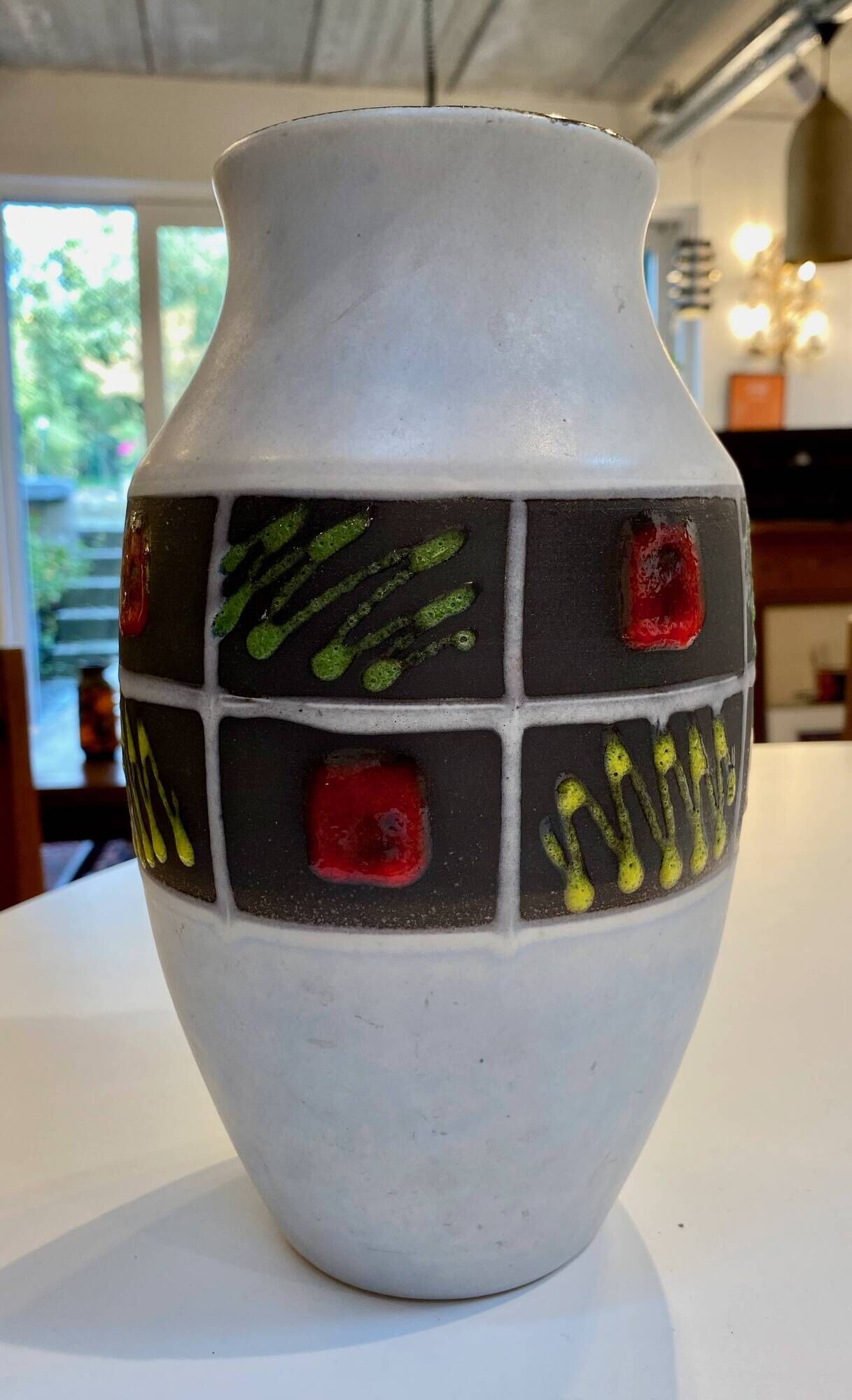 Vintage West Germany Vase – White Ceramic & Multicoloured Graphic Frieze