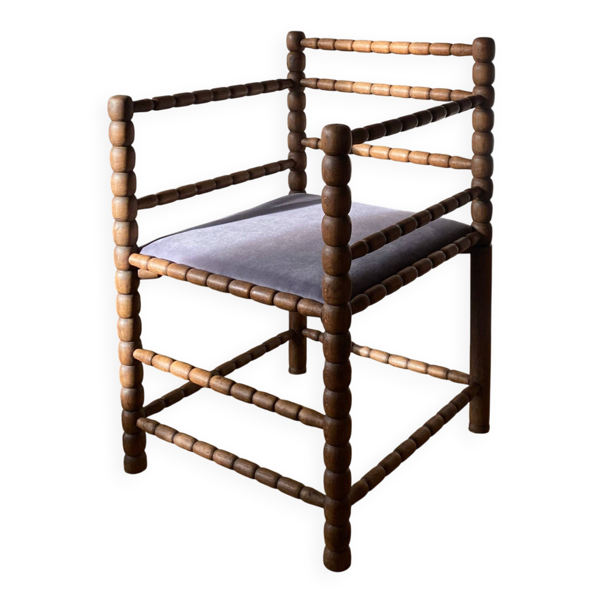 turned wood spool armchair velvet