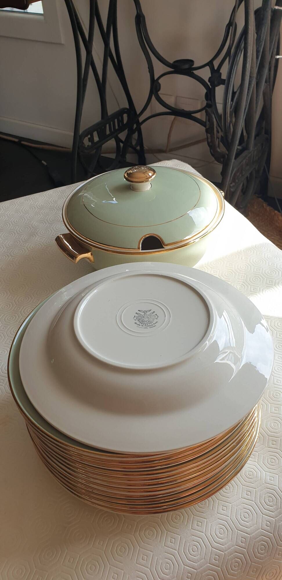 Vintage soup service in celadon green and ivory by villeroy & boch.
