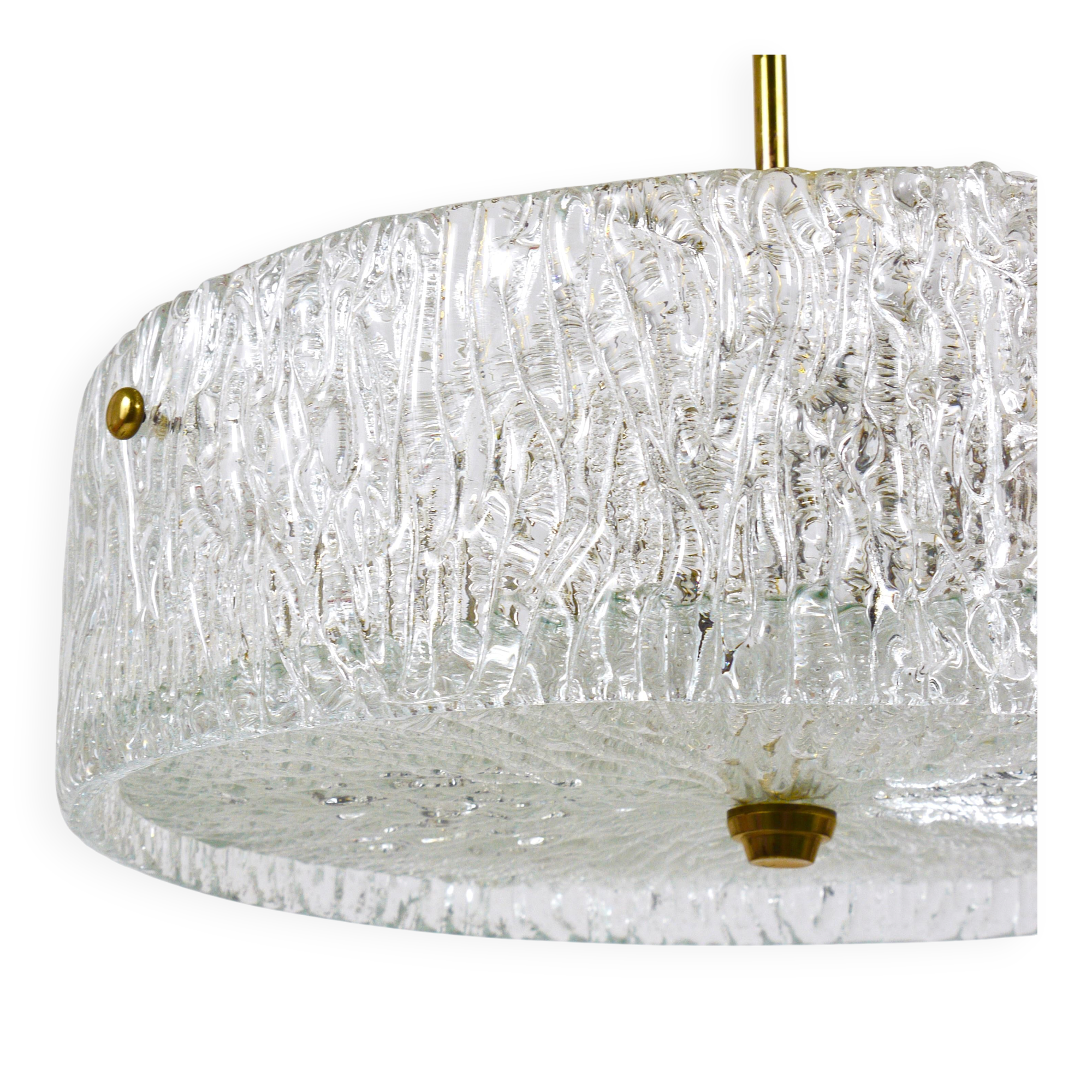J.T. Kalmar Lustre pendant light in brass and textured glass, 1950s