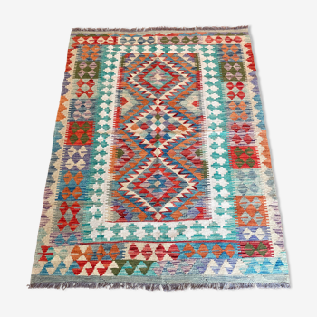 Tapis kilim afghan oriental multicolore pastel vert, terracotta en laine 124x161