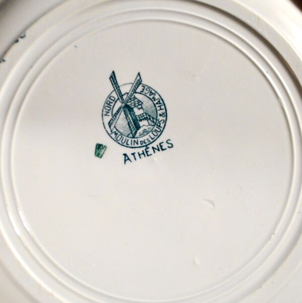 Lot de 11 assiettes plates athènes anciennes en faïence 1900, Moulin des Loups & Hamage